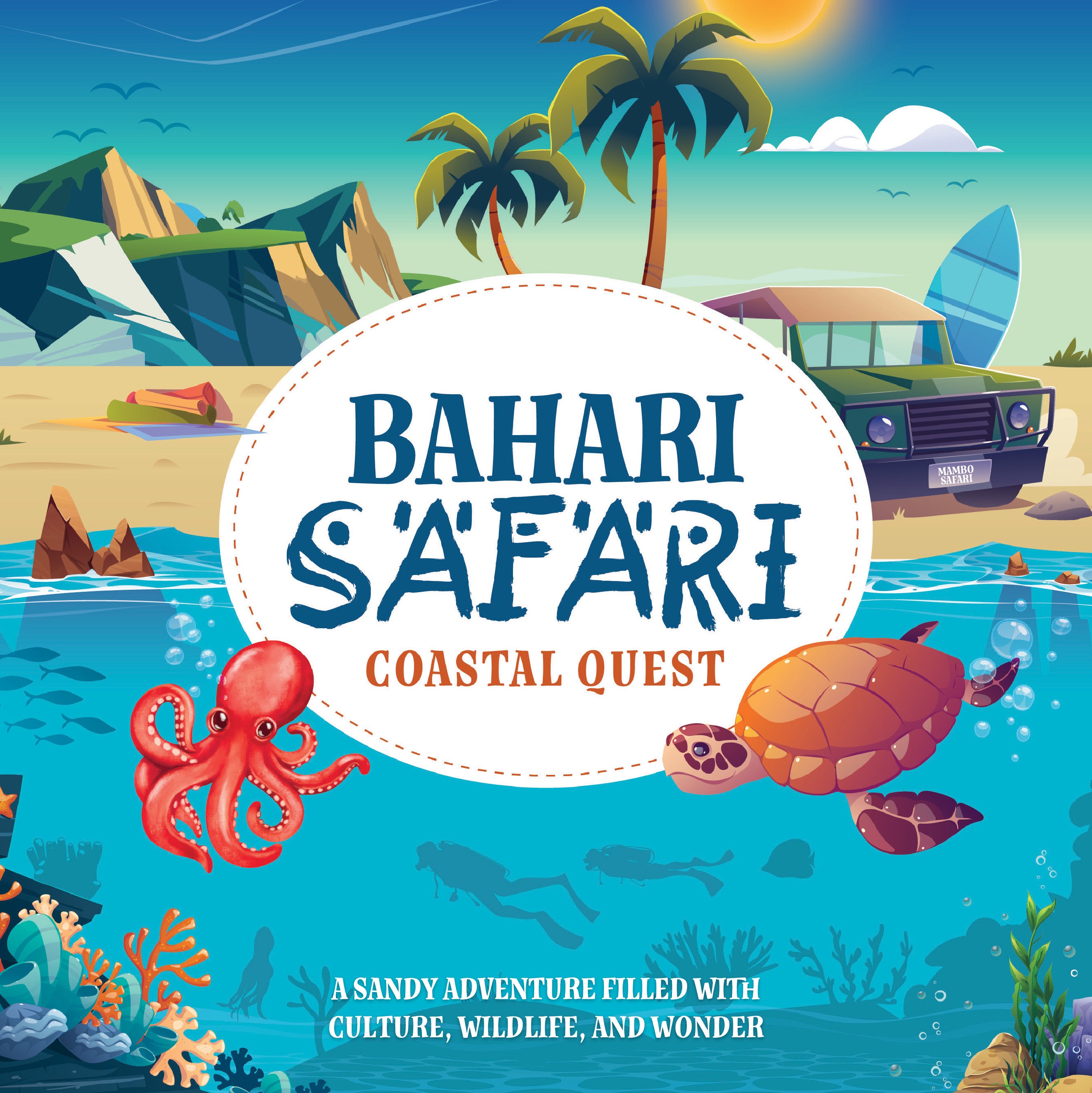 Bahari Safari: Coastal Quest front cover — an octopus and a sea turtle beneath a palm-lined beach