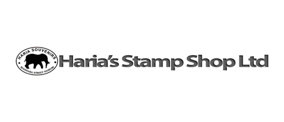 Haria's Stamp Shop Ltd logo with elephant graphic and Nairobi souvenir text