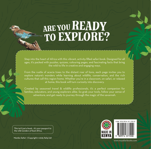 Back cover of a safari adventure activity book with African bird, green foliage, and exploration-themed text.